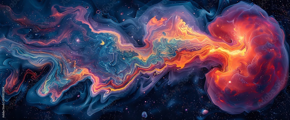 Abstract cosmic nebula with swirling colors and stars.