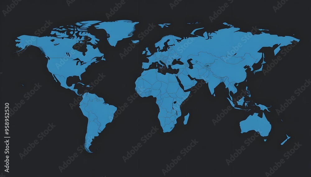 A detailed world map isolated on background and showing the continents and major landmasses in shades of blue A detailed world map isolated on background and showing the continents and major landmasses in shades of blue