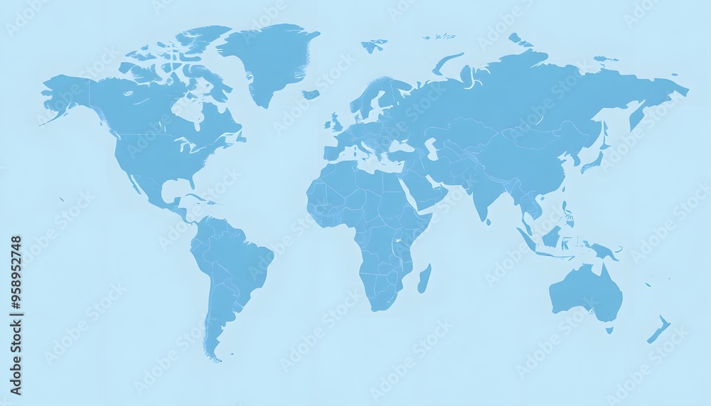 A detailed world map isolated on background and showing the continents and major landmasses in shades of blue A detailed world map isolated on background and showing the continents and major landmasses in shades of blue