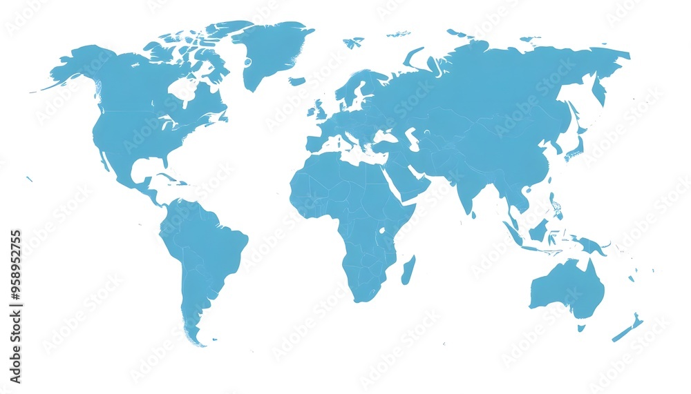 A detailed world map isolated on background and showing the continents and major landmasses in shades of blue A detailed world map isolated on background and showing the continents and major landmasses in shades of blue