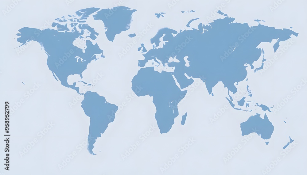 A detailed world map isolated on background and showing the continents and major landmasses in shades of blue A detailed world map isolated on background and showing the continents and major landmasses in shades of blue