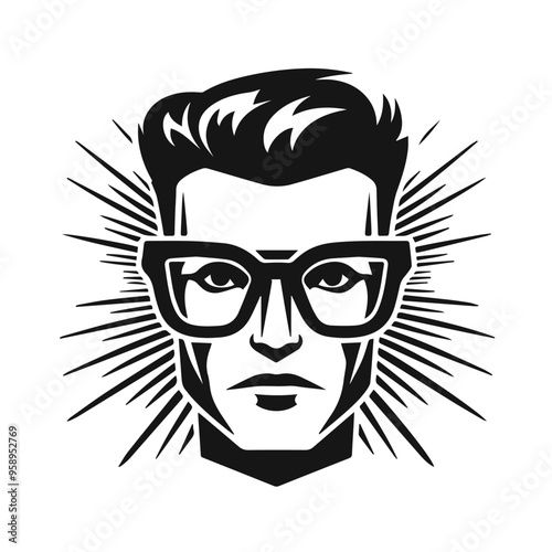 A stylized image of a man with short hair and glasses. Black and white vector guy flat style, icon, logo.