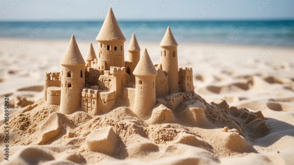 Naklejka premium Sandcastle standing on a sunny beach by the ocean