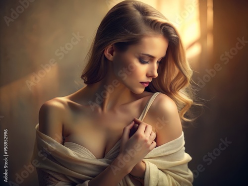 A serene and intimate moment captures a woman's elegant silhouette as she slowly removes her garments, revealing her