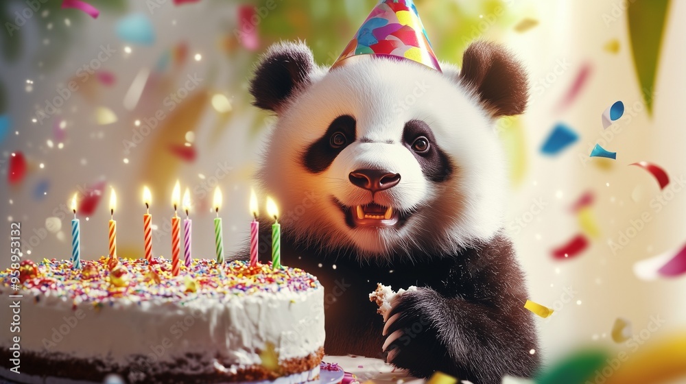 Fototapeta premium Happy Birthday. Funny girl in a party hat celebrates the holiday. Birthday cake with candles. Panda birthday boy. Fun festive atmosphere, balloons and confitti