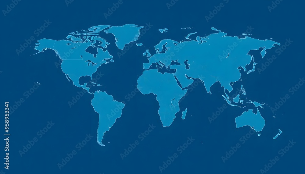 A world map showing the continents and major landmasses in shades of blue A world map showing the continents and major landmasses in shades of blue