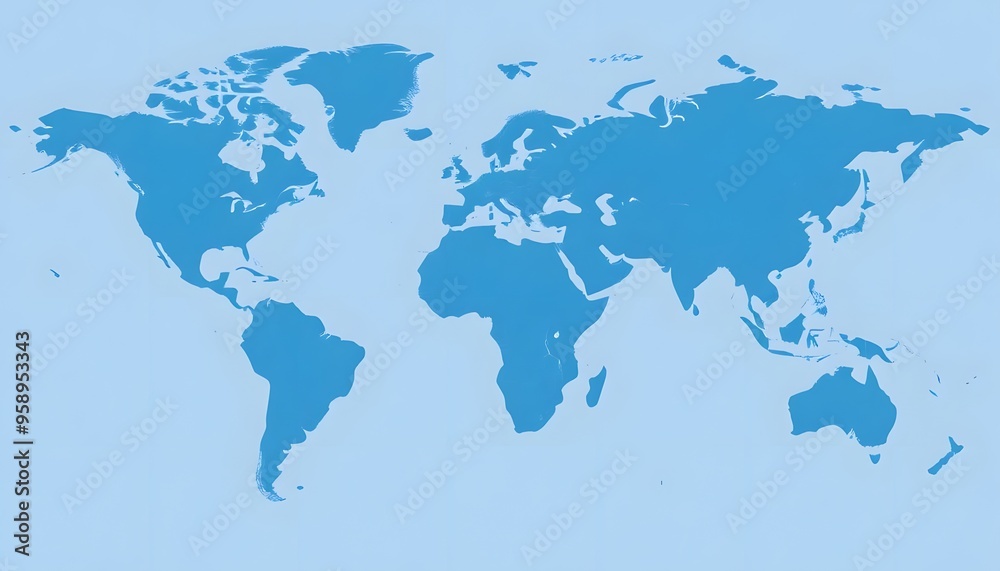 A world map showing the continents and major landmasses in shades of blue A world map showing the continents and major landmasses in shades of blue