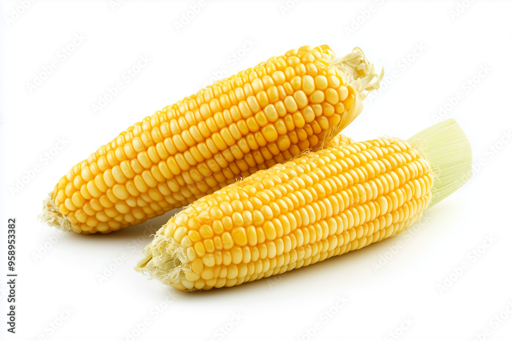 Sweet corn isolated on white background, Close up shot ripe yellow corn with green husks.	