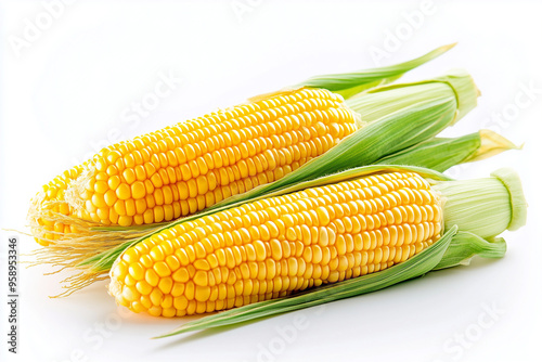 Wallpaper Mural Sweet corn isolated on white background, Close up shot ripe yellow corn with green husks.	 Torontodigital.ca