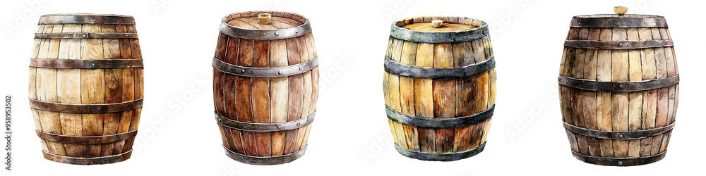 A collection of rustic wooden barrels, ideal for vintage themes, craft projects, and historical settings. A collection of rustic wooden barrels, ideal for vintage themes, craft projects, and historical settings.