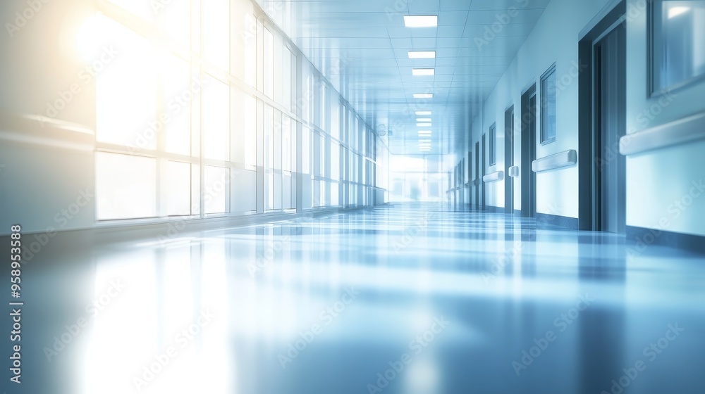 Fototapeta premium A bright, empty hospital corridor with large windows, showcasing a clean and sterile environment.