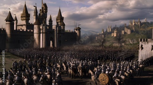 An army of medieval soldiers prepares to attack a imposing castle.