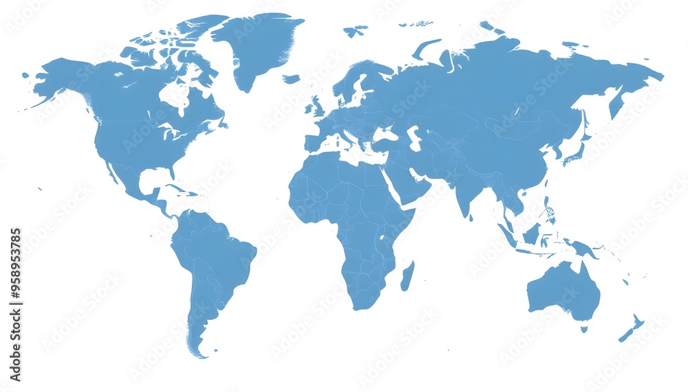 A world map showing the continents and major landmasses in shades of blue A world map showing the continents and major landmasses in shades of blue