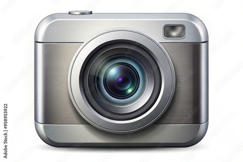 A silver camera icon with a bold, modern design, rounded edges, and a prominent lens, set against a A silver camera icon with a bold, modern design, rounded edges, and a prominent lens, set against a