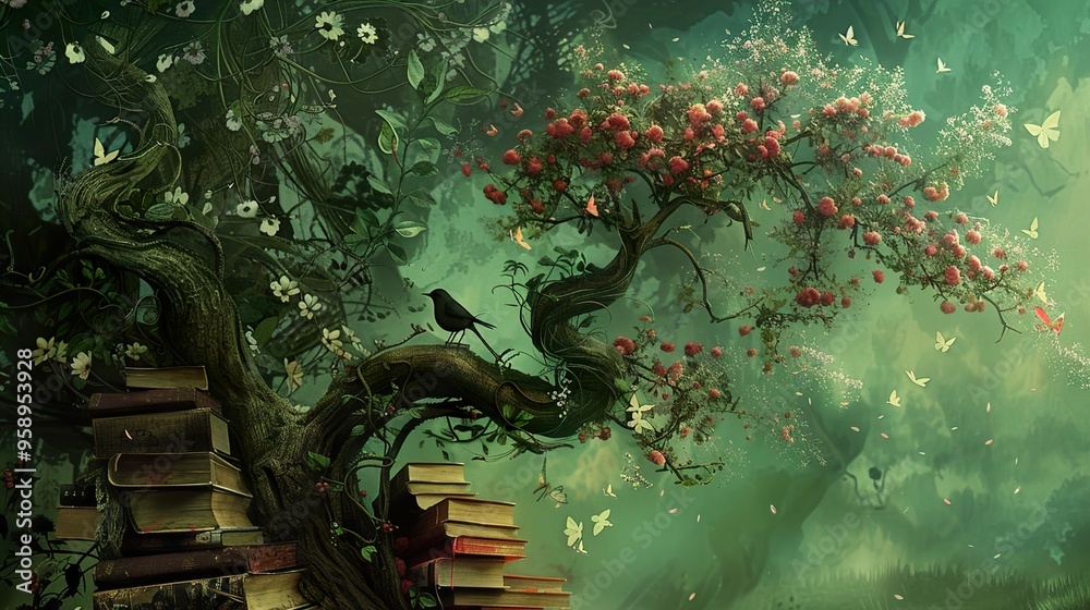 Obraz premium A magical tree grows from a stack of books, with blooming flowers, red apples, a bird, and butterflies flying around it.