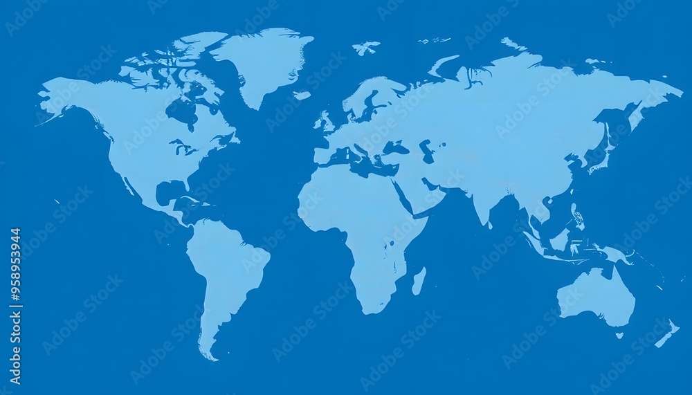 A world map showing the continents and major landmasses in shades of blue A world map showing the continents and major landmasses in shades of blue