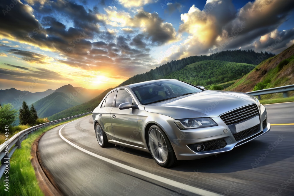 A sleek, silver sports sedan with bold lines and chrome accents speeds down a winding highway, clouds and A sleek, silver sports sedan with bold lines and chrome accents speeds down a winding highway, clouds and