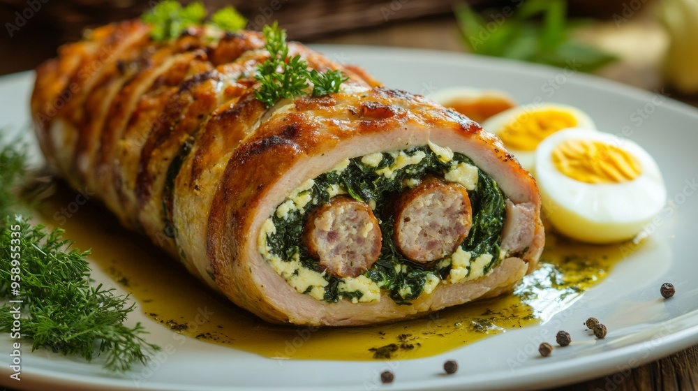 Brazilian national cuisine: Pork fillet stuffed with sausage and spinach. Brazilian national cuisine: Pork fillet stuffed with sausage and spinach.