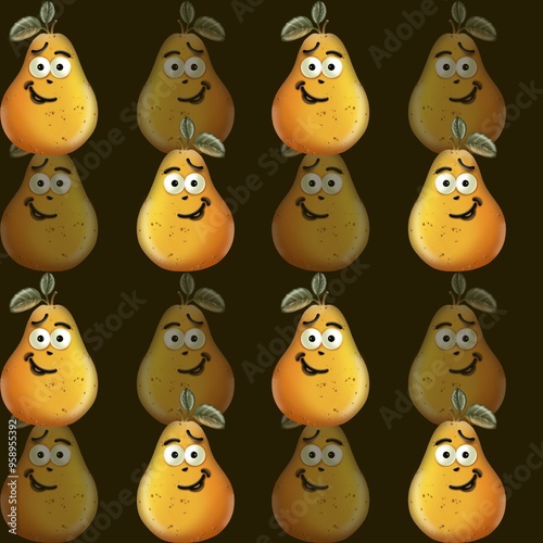 Cartoon pears with cheerful faces pattern on a dark background ideal for creative projects