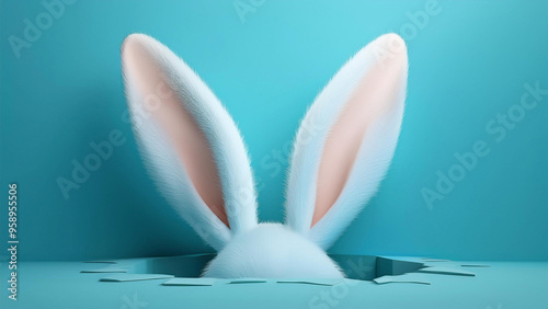Orelha branca de coelho em fundo colorido, saindo de um buraco no chão ou na parede, tons pastel. Páscoa. Render 3D. photo