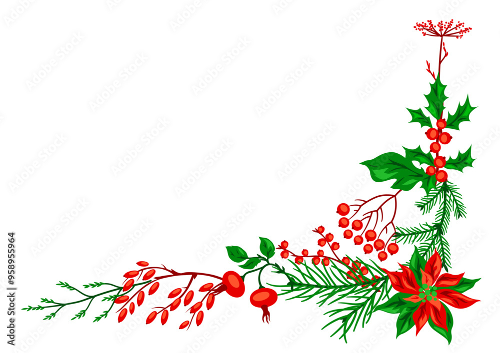 Fototapeta premium Background with winter plants. Merry Christmas and Happy New Year decoration.
