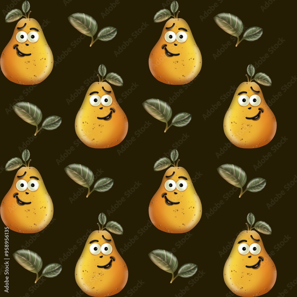 Naklejka premium Cute cartoon pears with smiles and leaves on a dark background in a playful pattern design