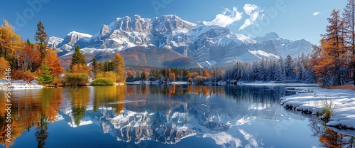 Picturesque mountain lake with autumn trees and snow-capped peaks reflecting in the water. photo