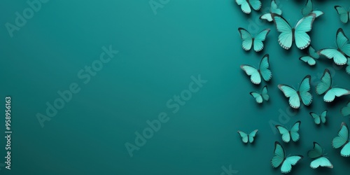 Teal plain background with minimalistic pastel butterfly pixel swirl border with copy space texture for display products blank copyspace for design text  photo