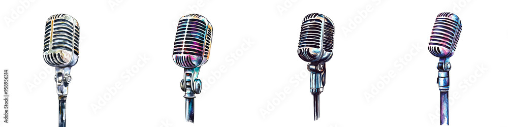 Fototapeta premium A collection of vintage microphones on a black background, showcasing their classic design and elegance, perfect for music themes.