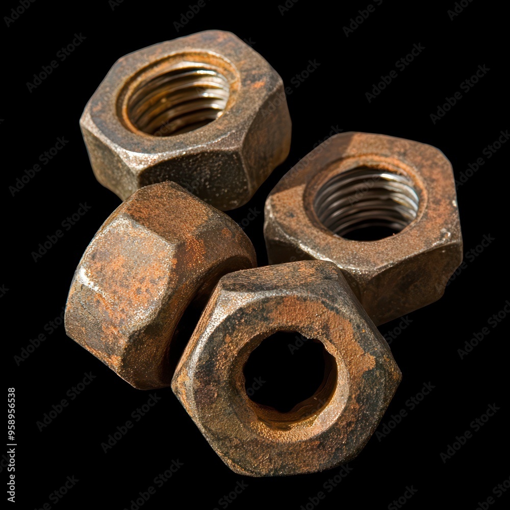 Rusty metal nuts resting on a dark surface showcasing industrial beauty Rusty metal nuts resting on a dark surface showcasing industrial beauty