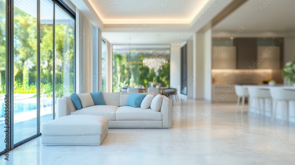 Modern living room with a cozy sofa and large glass windows overlooking a pool and garden.