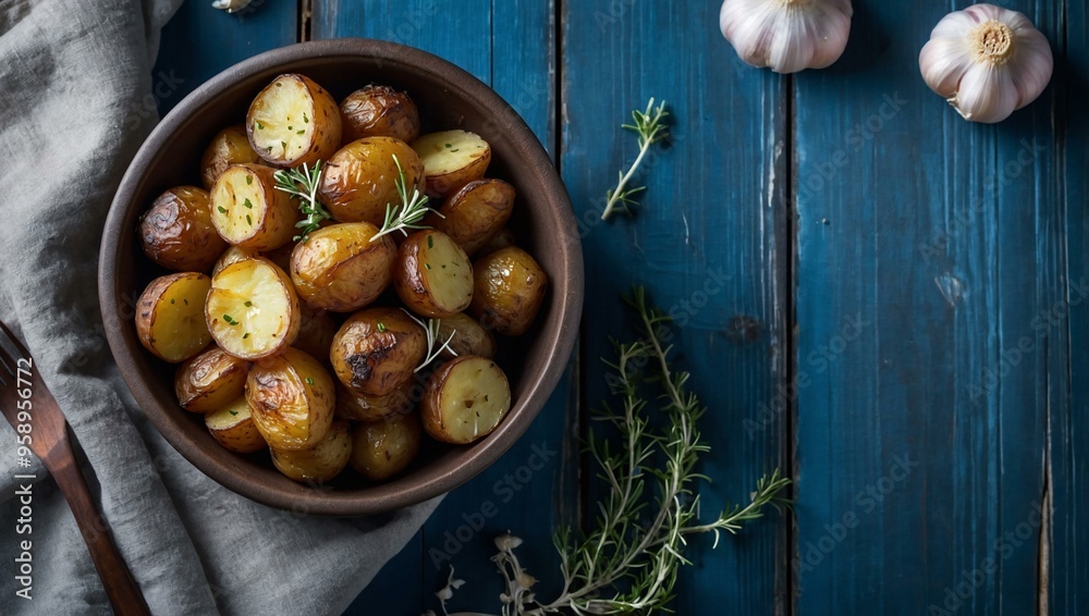 Crispy roasted potatoes with garlic and thyme on a blue wooden surface, top view with ample space for text. Crispy roasted potatoes with garlic and thyme on a blue wooden surface, top view with ample space for text.