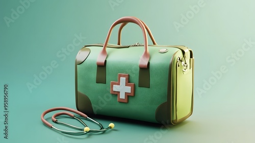 A green medical bag with a red cross and a stethoscope on a green background. photo