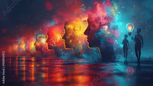 Abstract visualization of startup culture with icons showing innovation leadership and entrepreneurial mindset no human figures vibrant and modern focused on growth