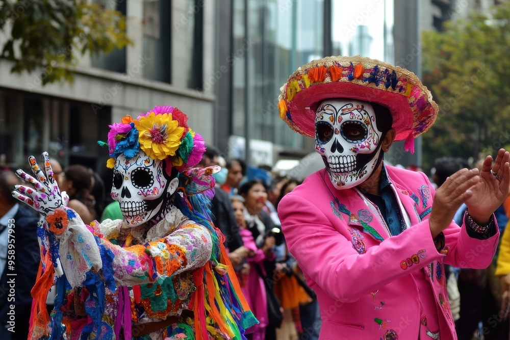 A Day of the Dead participants in a bright pink suit with a colorful skull mask, dancing with energy and joy in the parade. A Day of the Dead participants in a bright pink suit with a colorful skull mask, dancing with energy and joy in the parade.