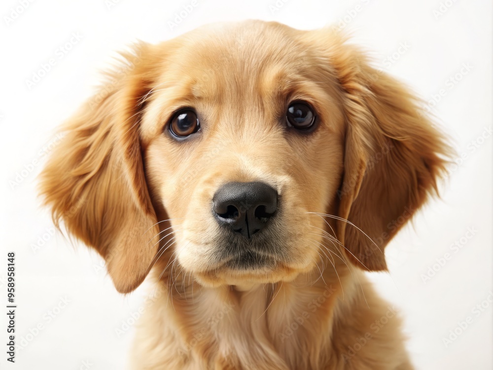 Adorable golden retriever puppy's happy face with floppy ears, brown nose, and big brown eyes, tilting head to Adorable golden retriever puppy's happy face with floppy ears, brown nose, and big brown eyes, tilting head to