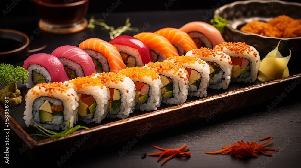 Sushi bar set International maki sushi roll on traditional restaurant platter. Neural network ai generated art Sushi bar set International maki sushi roll on traditional restaurant platter. Neural network ai generated art