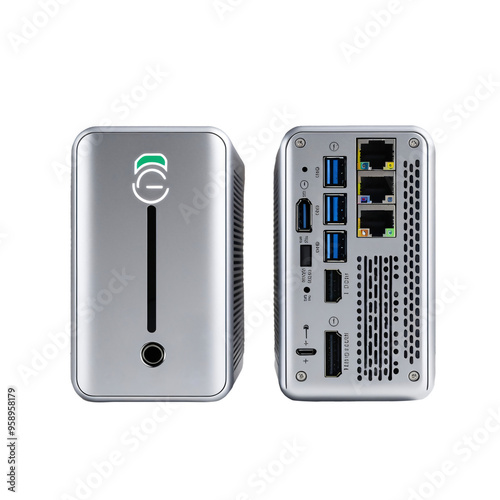 Sleek silver electronic device with minimalist design, featuring a front view with a black vertical line, glowing logo, and back view with USB, HDMI, Ethernet ports, and ventilation, generative ai