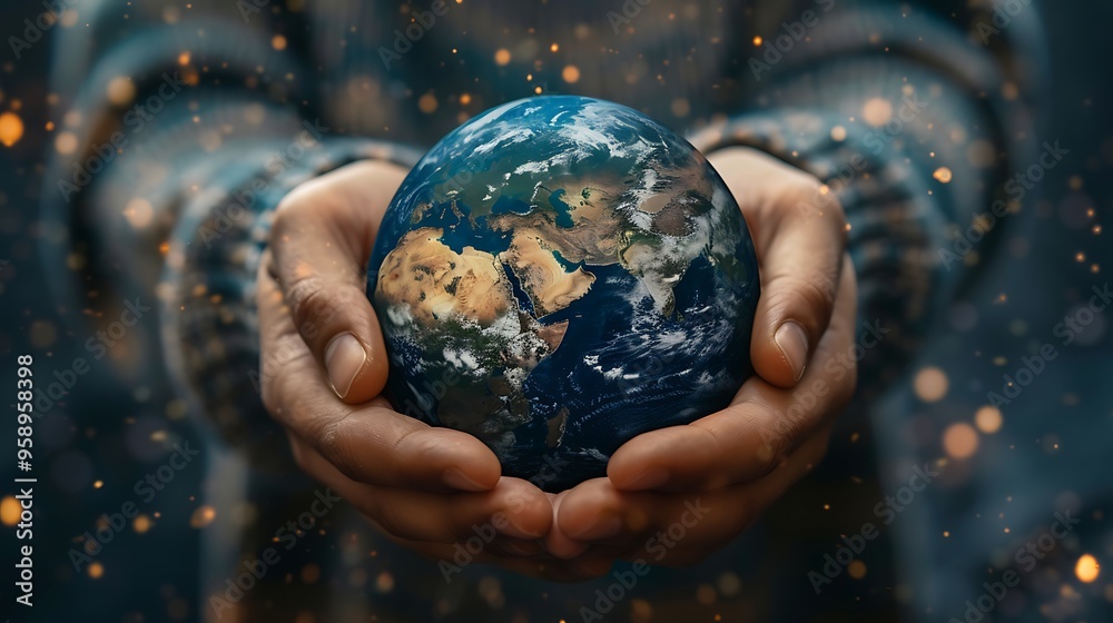 Close-up of hands holding a miniature globe, representing the earth, with a bokeh background. Close-up of hands holding a miniature globe, representing the earth, with a bokeh background.