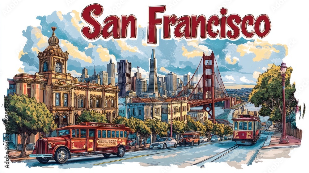 Obraz premium San francisco skyline with cable car moving uphill past victorian houses