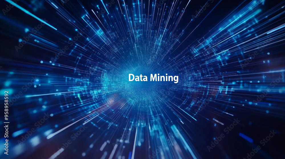 Fototapeta premium Abstract digital tunnel with glowing lines, text reads Data Mining.