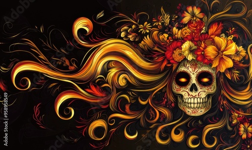 A vibrant Day of the Dead skull illustration surrounded by swirling fiery patterns.