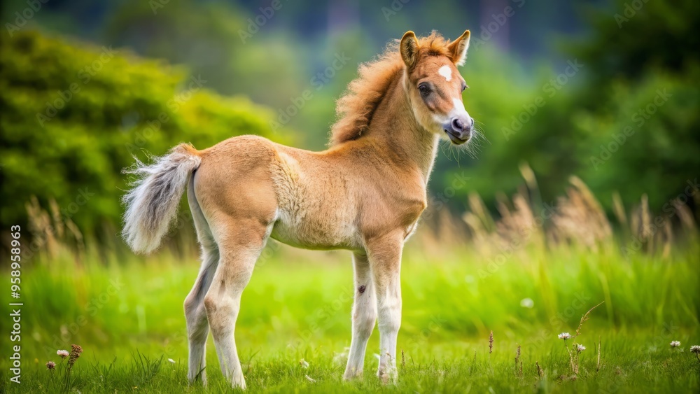Adorably Fuzzy Baby Horse Standing In The Grass With A Curious Expression And Tail Raised. Adorably Fuzzy Baby Horse Standing In The Grass With A Curious Expression And Tail Raised.