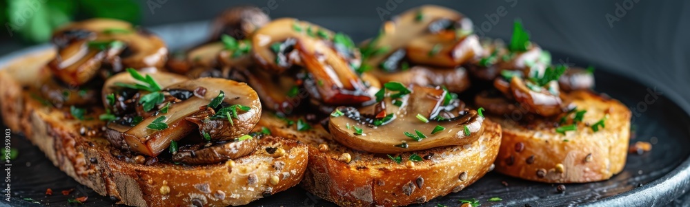 Mushrooms on toasted bread with sauce and herbs on a plate, food background, banner Mushrooms on toasted bread with sauce and herbs on a plate, food background, banner