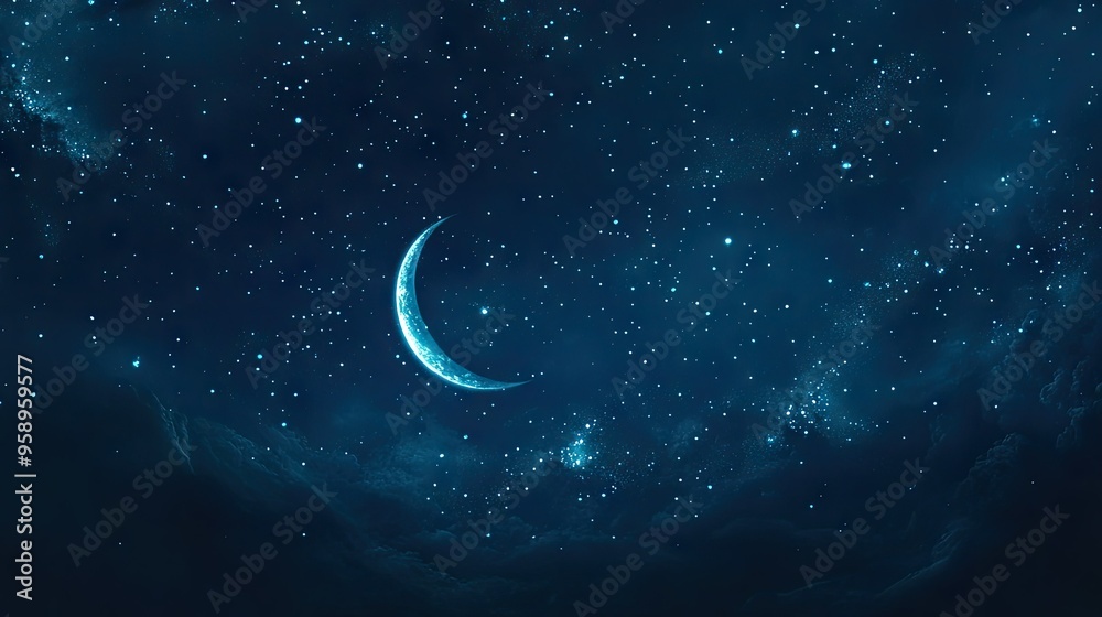 Night sky filled with blue stars and a crescent moon, serene and calm atmosphere Night sky filled with blue stars and a crescent moon, serene and calm atmosphere