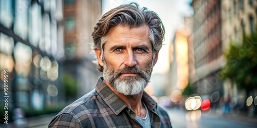 Attractive mature gentleman with ruggedly groomed beard and stylish hair, dressed in casual wear, confidently posing