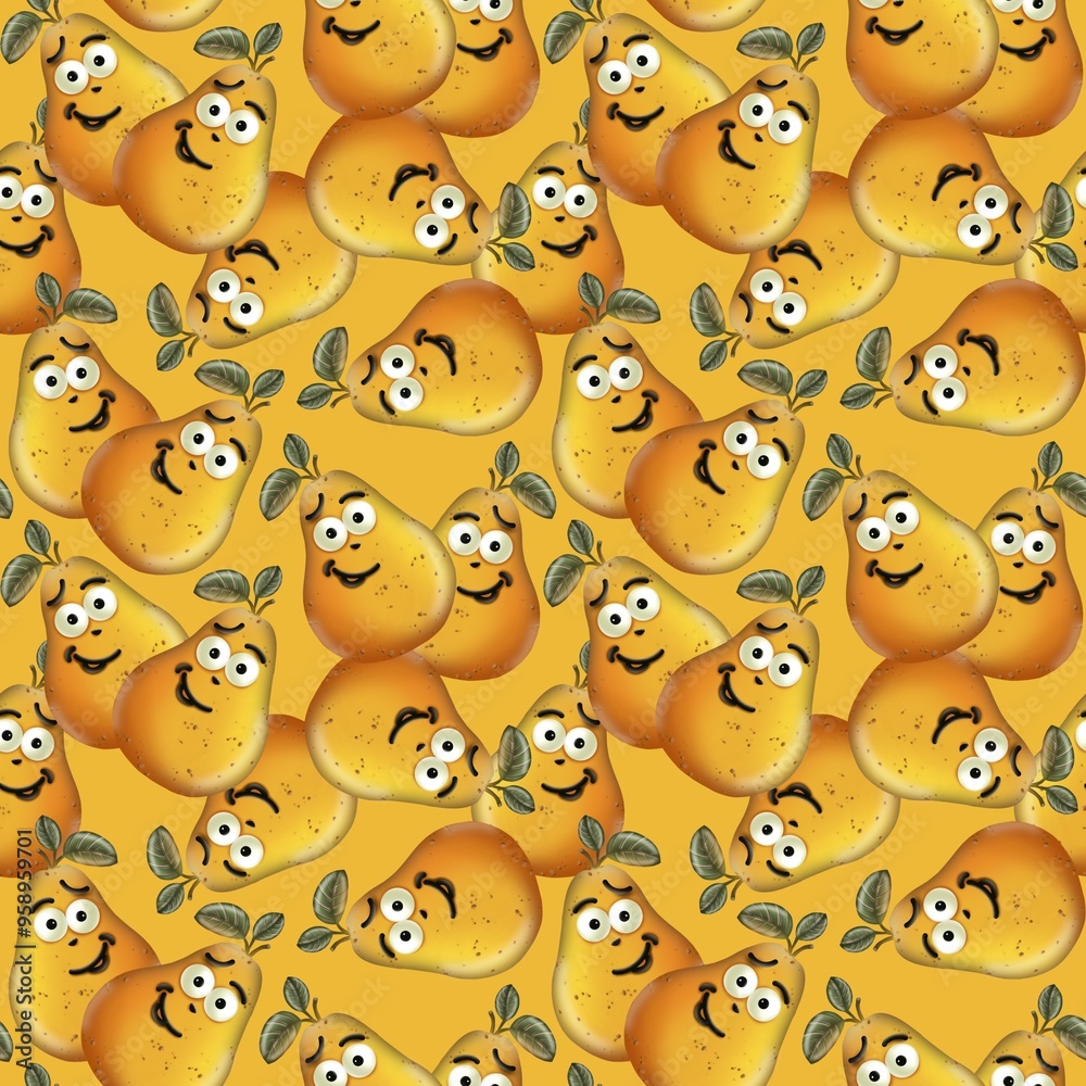 Fun pattern of smiling cartoon pears on a cheerful yellow background for decoration Fun pattern of smiling cartoon pears on a cheerful yellow background for decoration