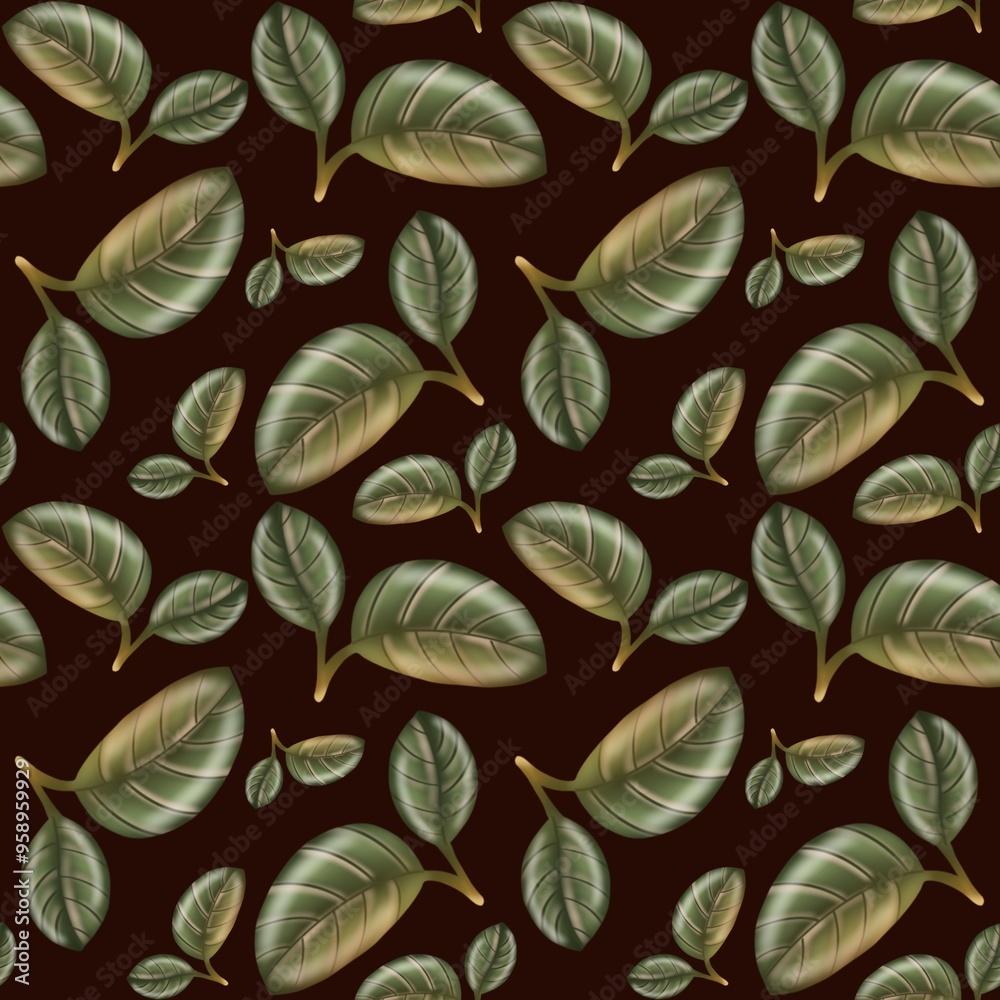 Natural green leaf pattern on a dark background, perfect for textile and wallpaper design Natural green leaf pattern on a dark background, perfect for textile and wallpaper design