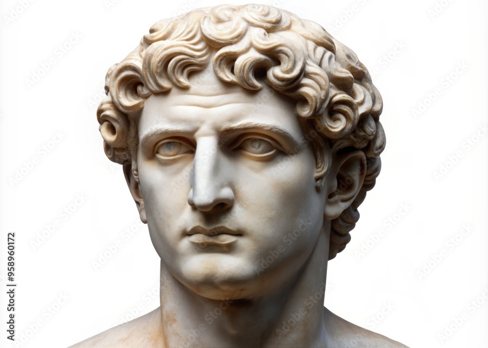 Classic marble sculpture of ancient Greek or Roman bust featuring a prominent aquiline nose, symbolizing power and Classic marble sculpture of ancient Greek or Roman bust featuring a prominent aquiline nose, symbolizing power and