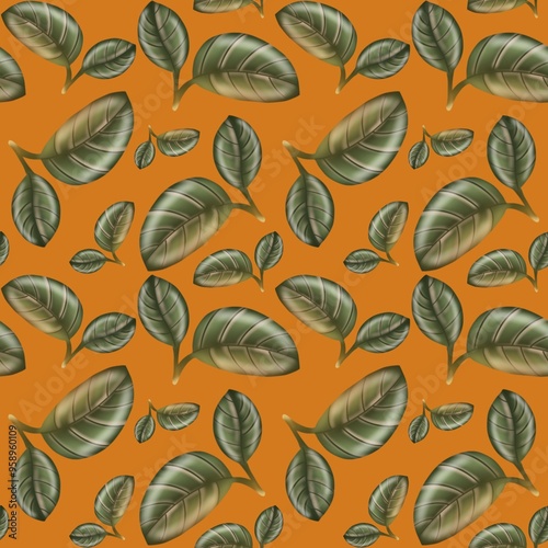 A vibrant pattern of green leaves on an orange background showcasing botanical art design